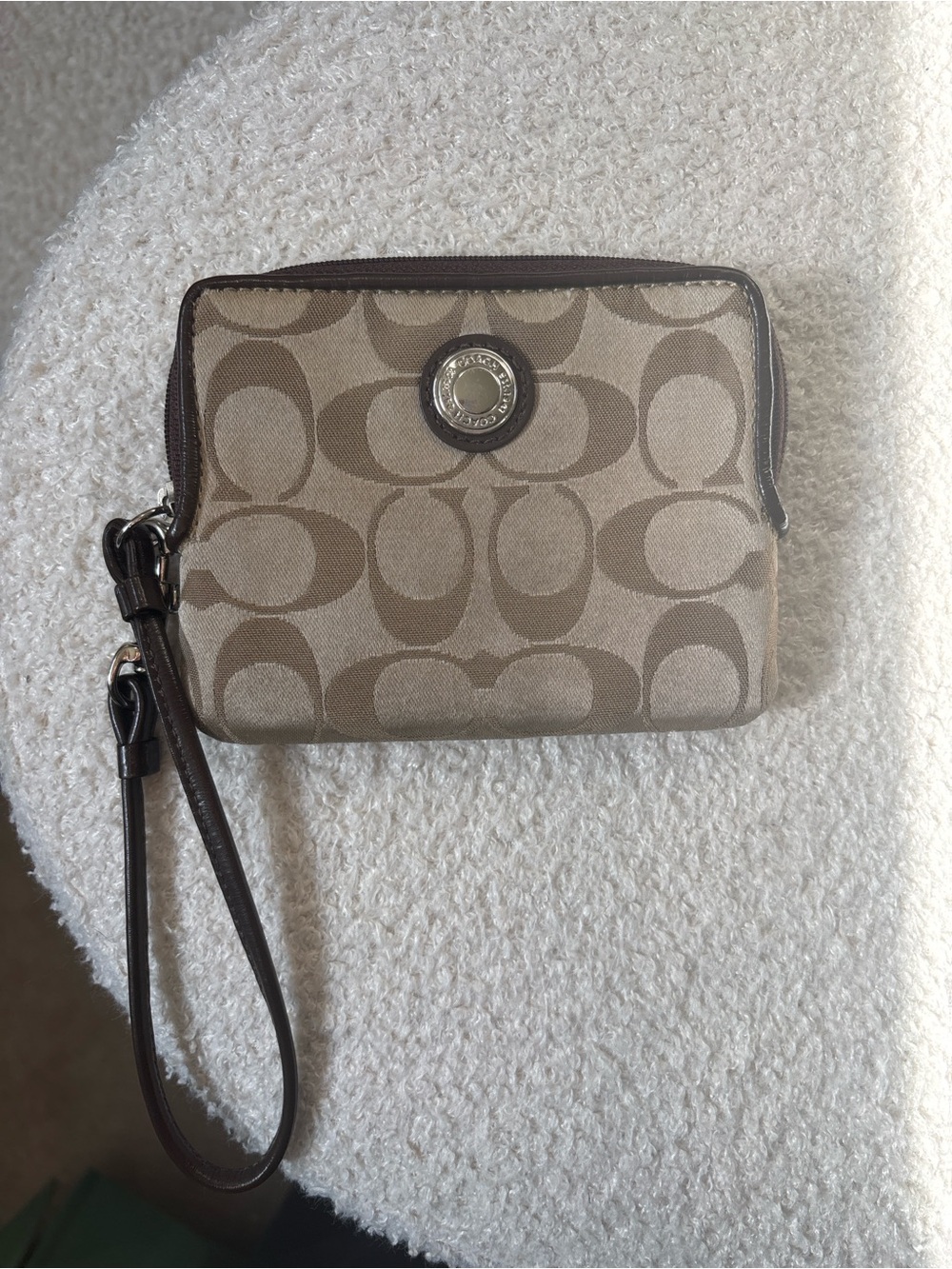 Coach Signature Canvas Wristlet Wallet Brown Tan Zip Around Authentic
